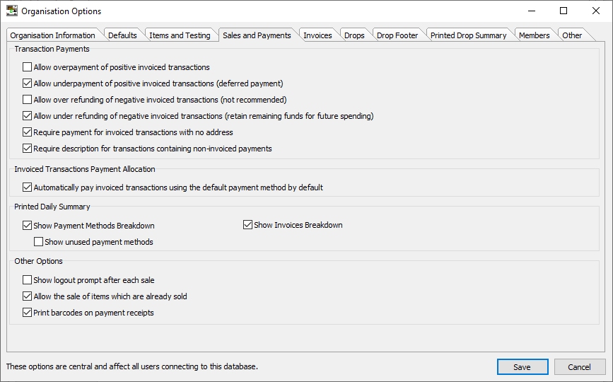 Sales and Payments options